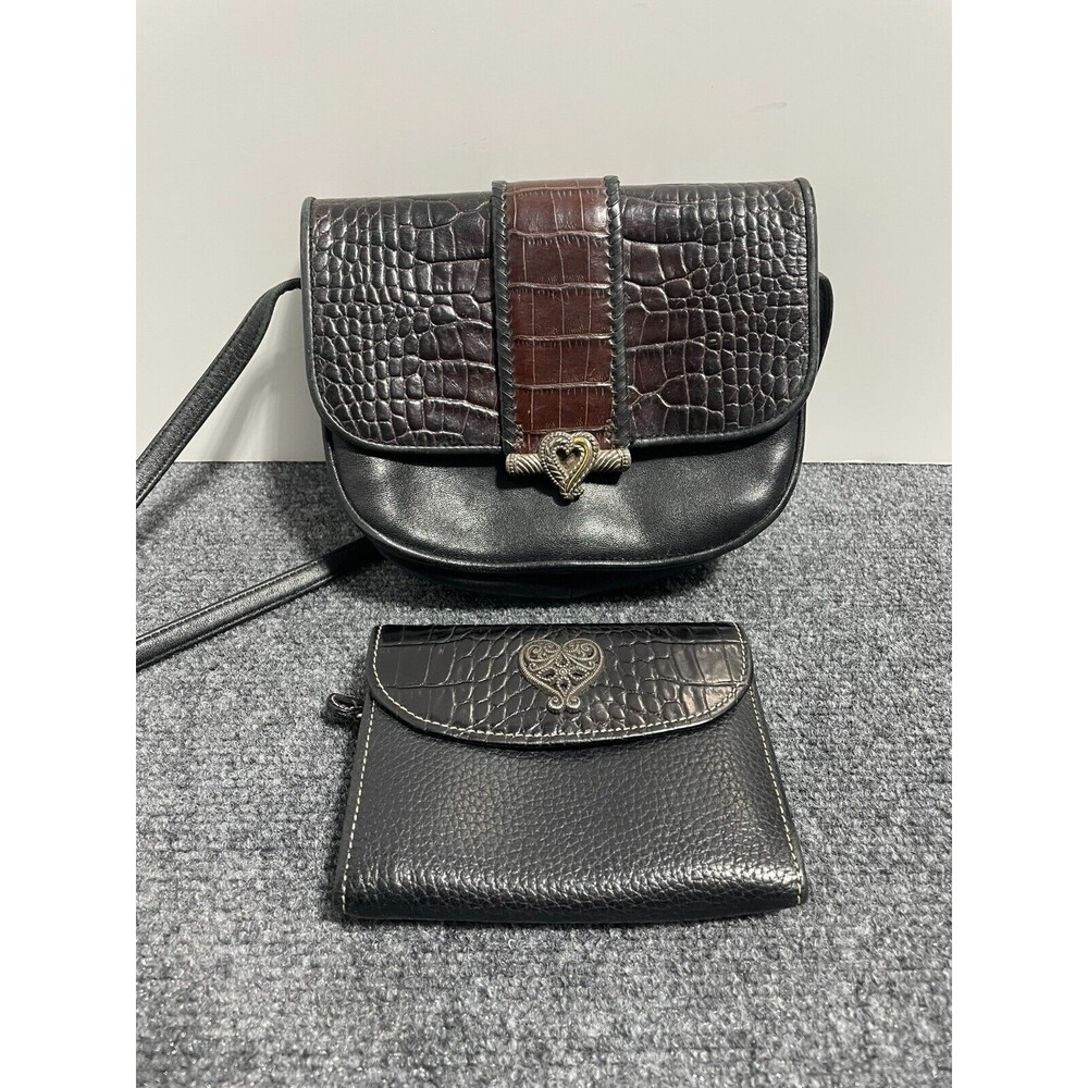 Vintage One World Brighton ChocBrown Croc-Embossed & Black Leather Crossbody Bag